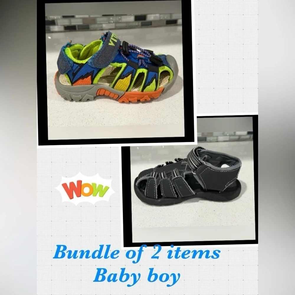 Bundle of 2 items /Kids Outdoor Sandals/Black & Blue and Green/boy size 6